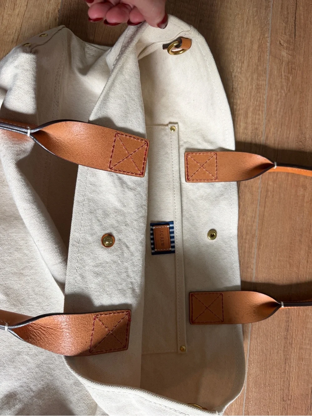 J. Crew Cream Canvas Tote with Tan Leather Handles